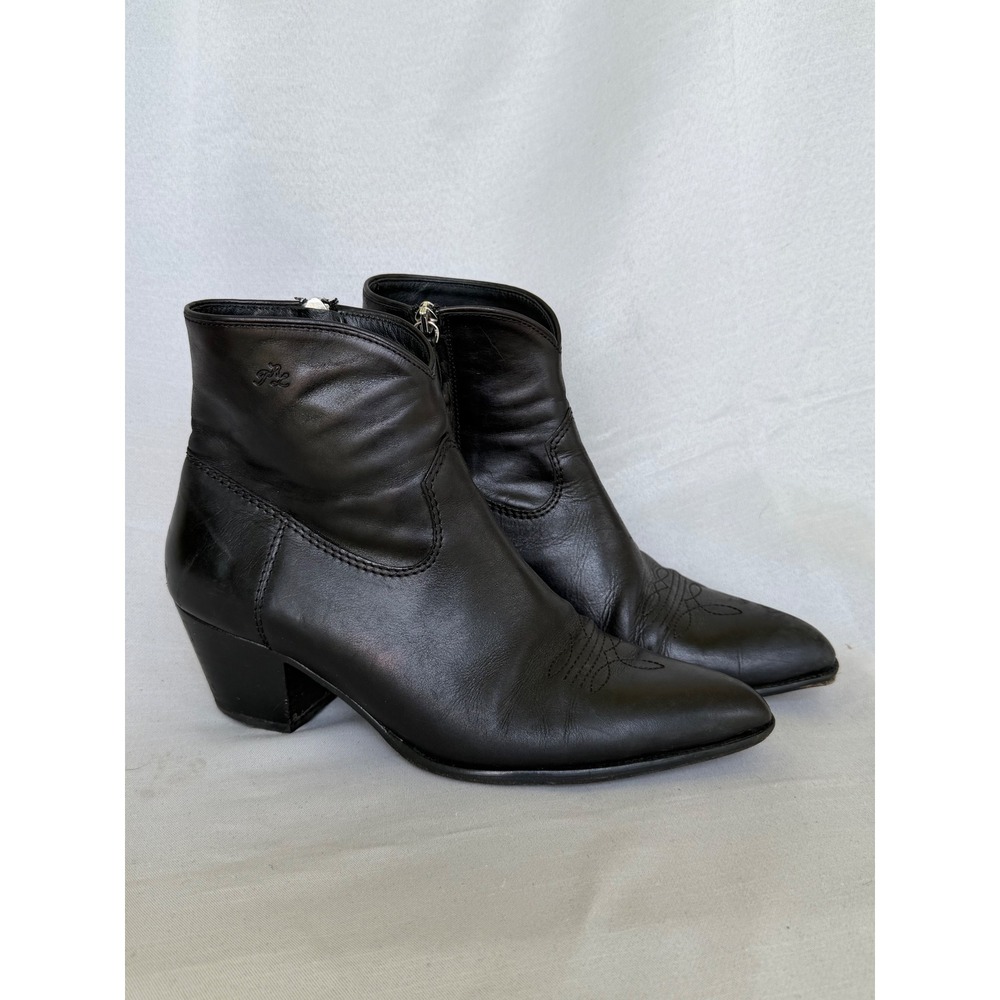 Polo Ralph Lauren Black Lucille Leather Western Ankle Boots Pointed Toe Size 9